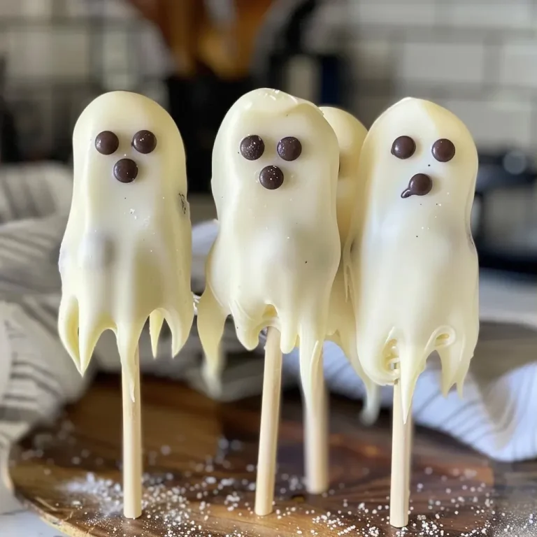 Close-up of White Chocolate Boo-Nana Ghost Pops with candy eyes on lollipop sticks.