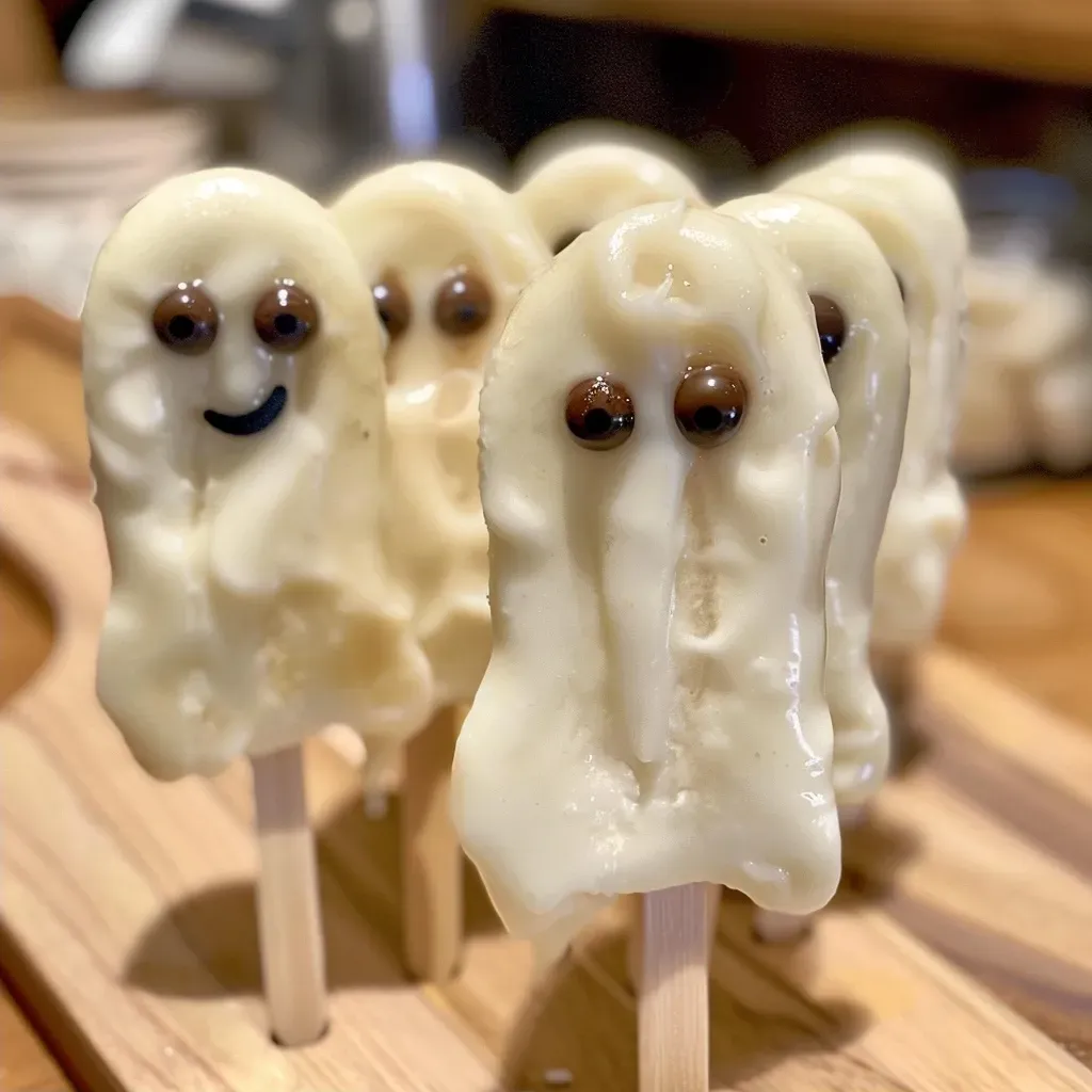 Side view of ghost-shaped banana pops covered in white chocolate and decorated with candy eyes.