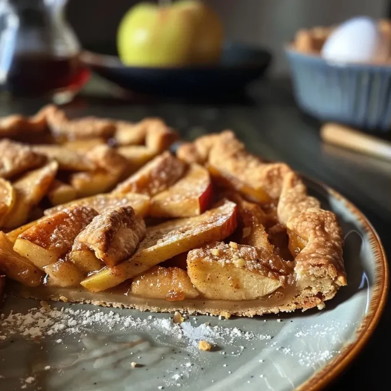 A close-up side view of a Whole Wheat Chai Spiced Apple Galette, showcasing golden-brown crust and juicy apple slices.