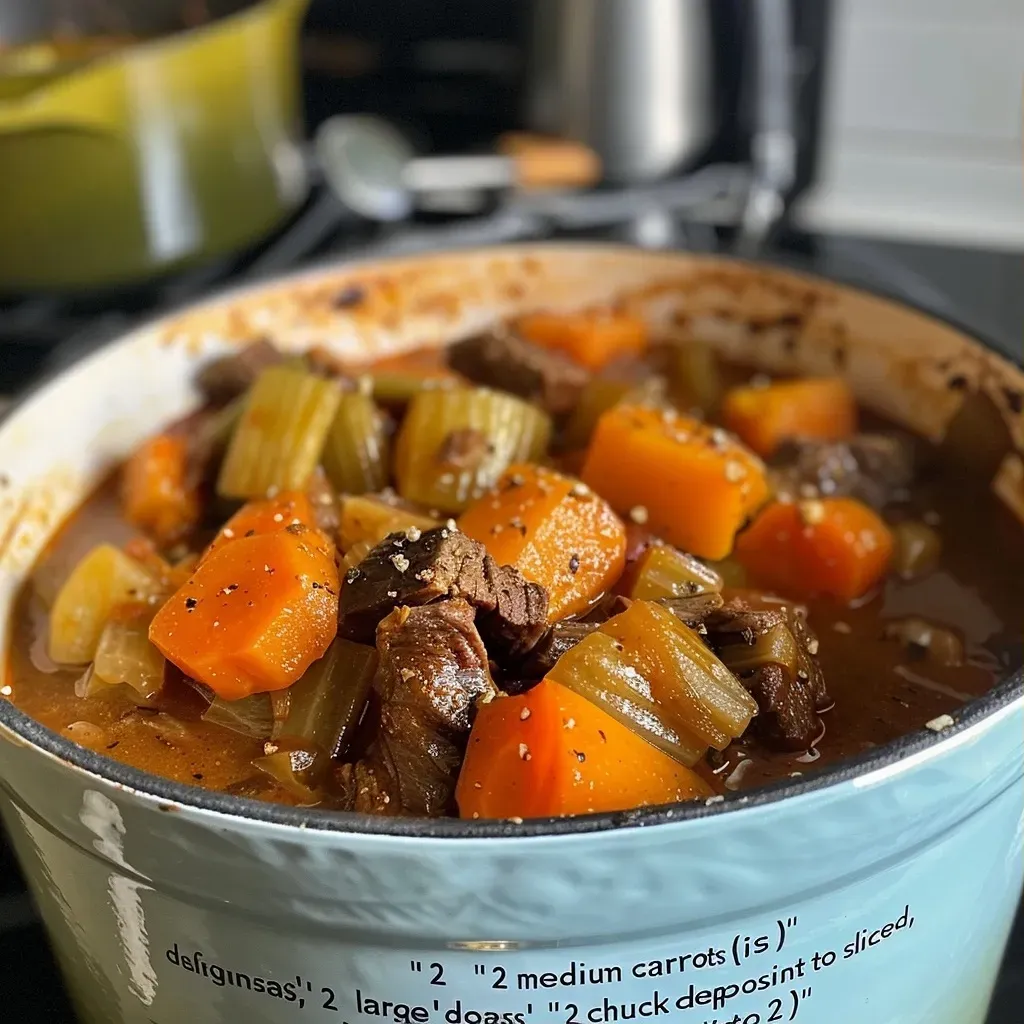 A close-up side view of a hearty beef stew in a bowl, highlighting tender chunks of meat and vegetables.