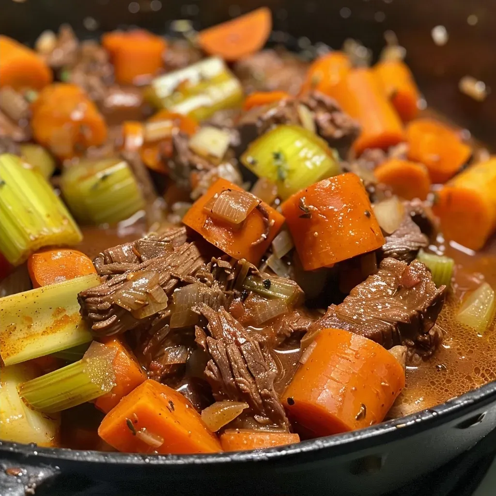 A vibrant and colorful Whole30 beef stew featuring diced onions, carrots, and butternut squash in a rustic bowl.
