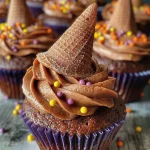 Close-up view of Witch Hat Cupcakes with chocolate frosting and a wafer cone.