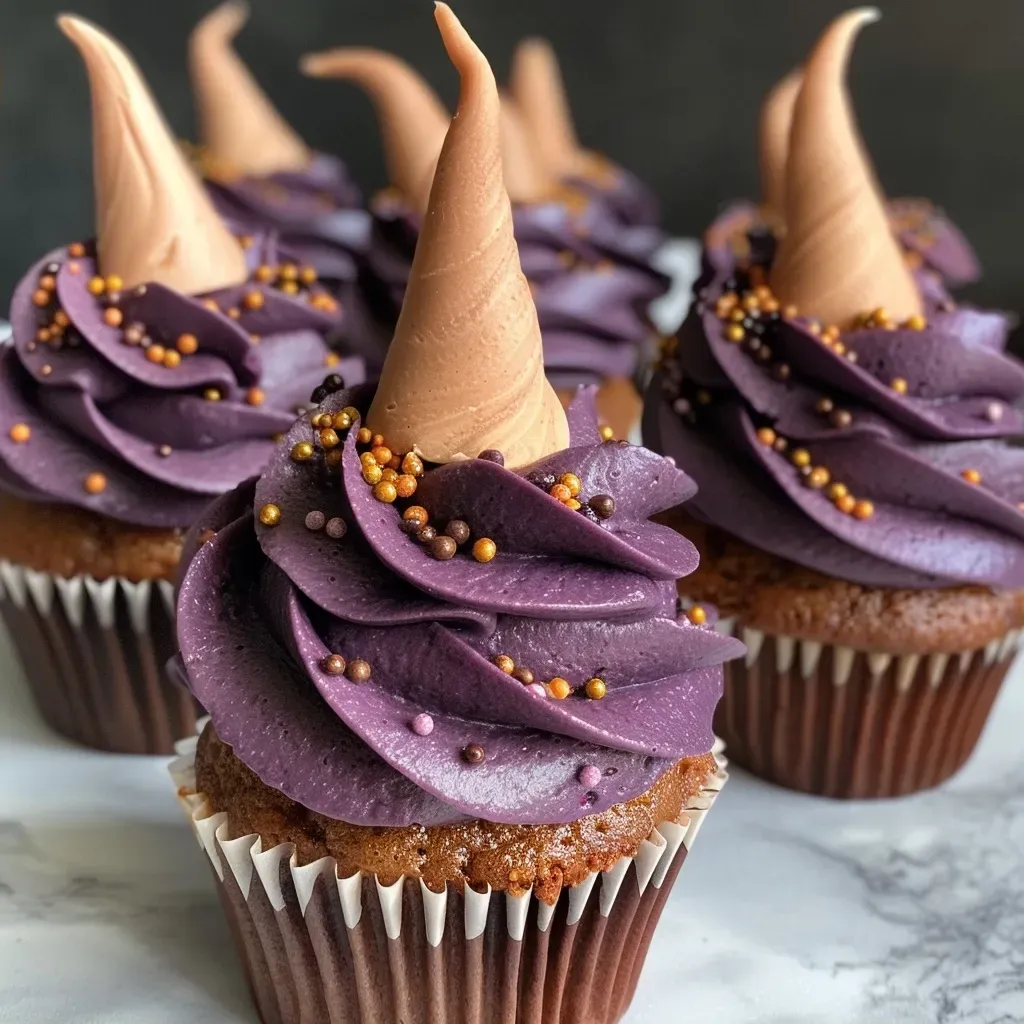 Side view of decorated Witch Hat Cupcakes featuring dark icing and cookie cones on top.