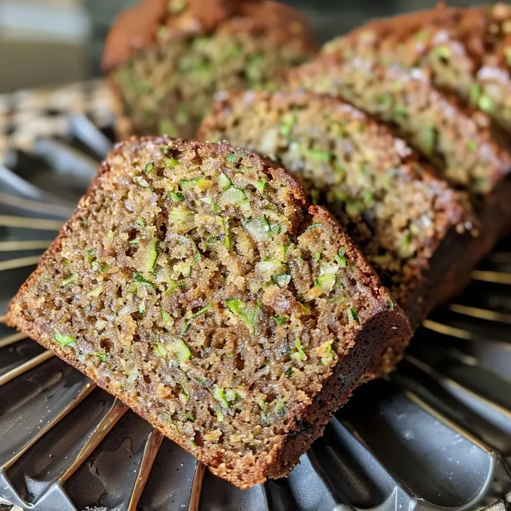 Juicy zucchini bread slice captured in detail, highlighting the ingredients mixed in.