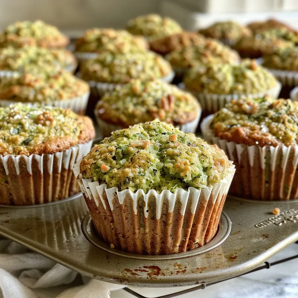 Freshly baked zucchini muffins with a golden crust and scattered walnuts.
