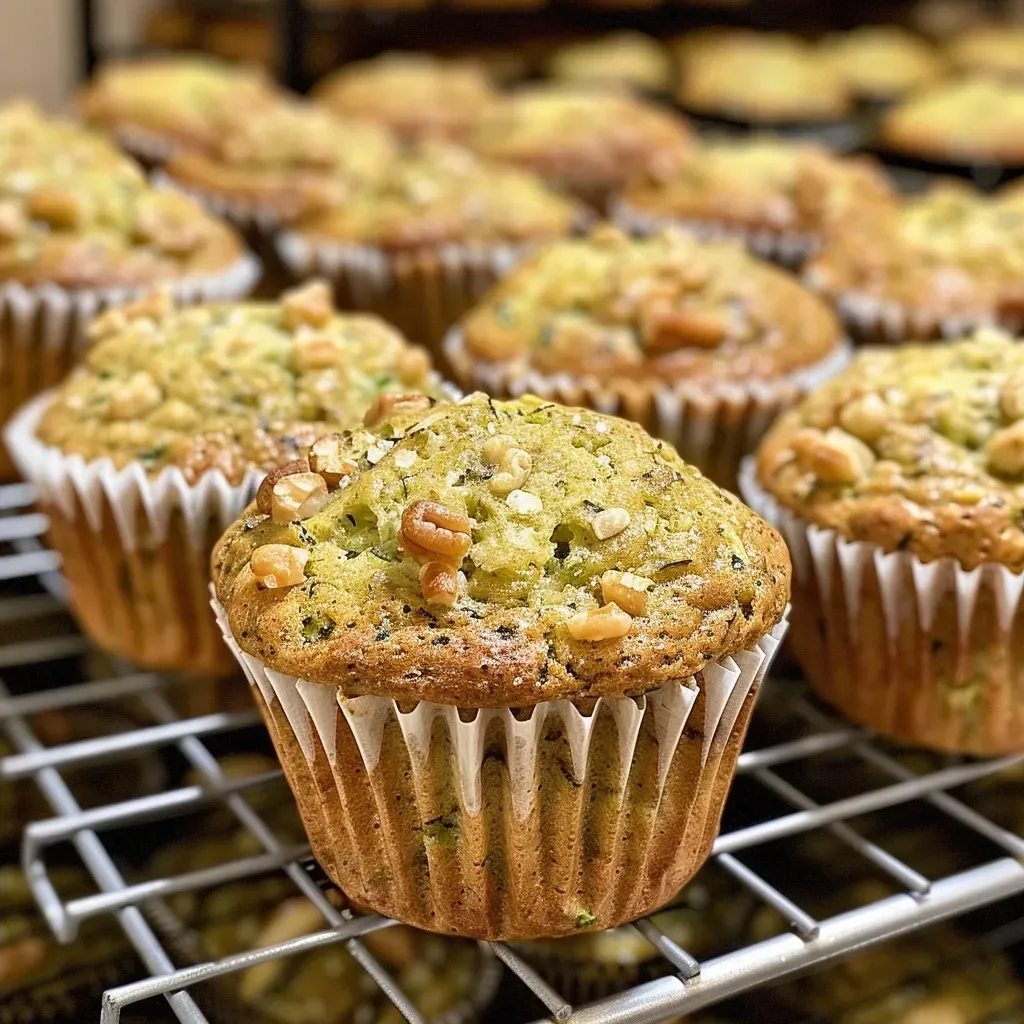 Moist zucchini muffins captured from the side, showcasing their fluffy texture.